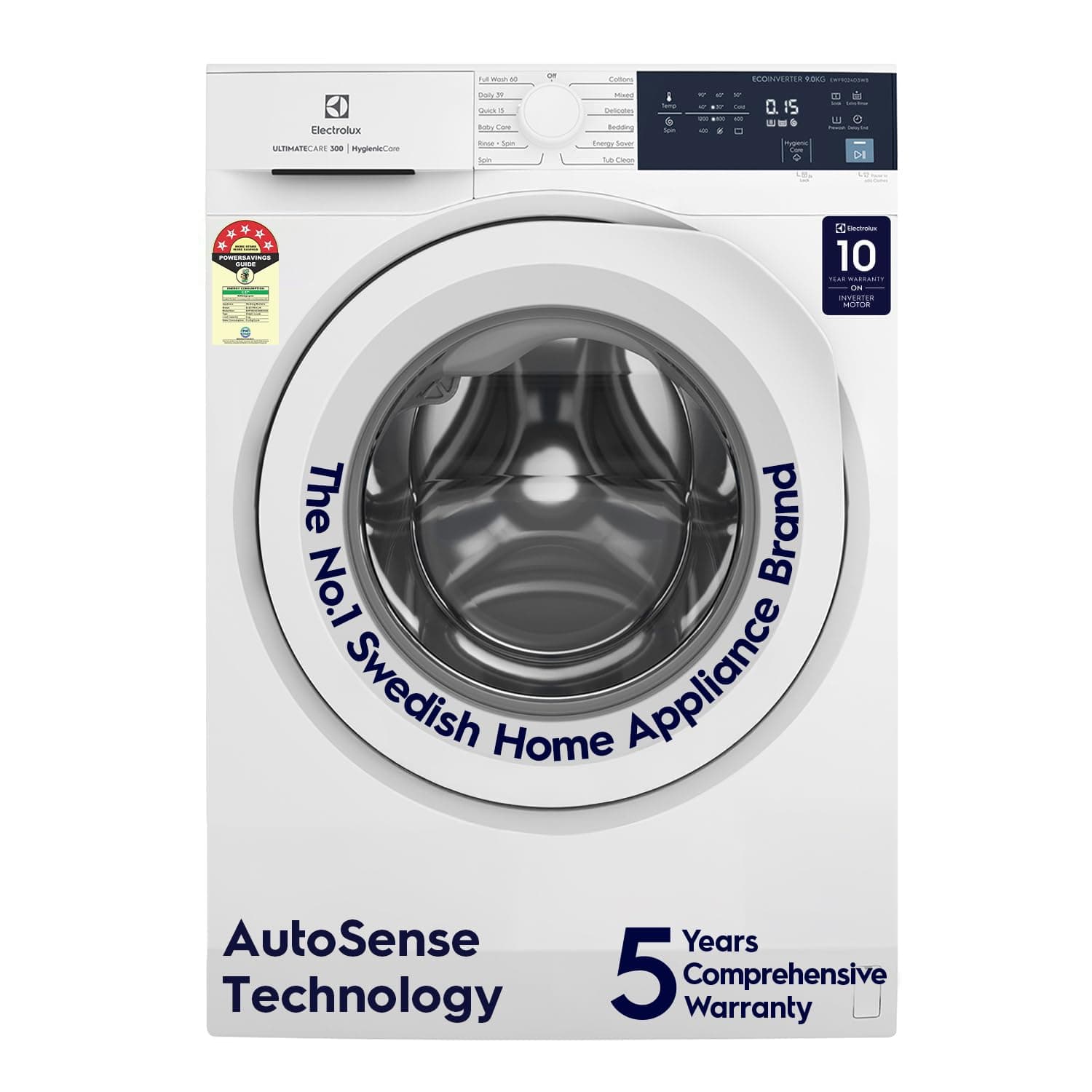 Electrolux 9kg 5 Star EcoInverter Fully Automatic Front Load Washing Machine, Scandinavian Design with 40°C Vapour Wash for Sustainable Clothing, White, UltimateCare 300, EWF9024D3WB