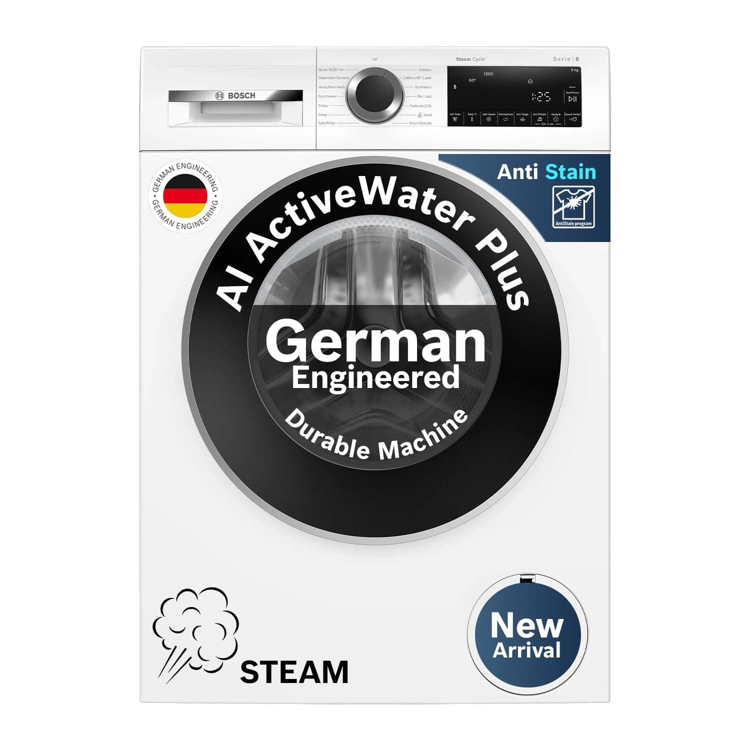Bosch 9kg 5 Star Anti Stain & AI Active Water Plus Fully Automatic Front Load Washing Machine with Built in Heater (WGA14200IN, Pretreatment & Steam w...