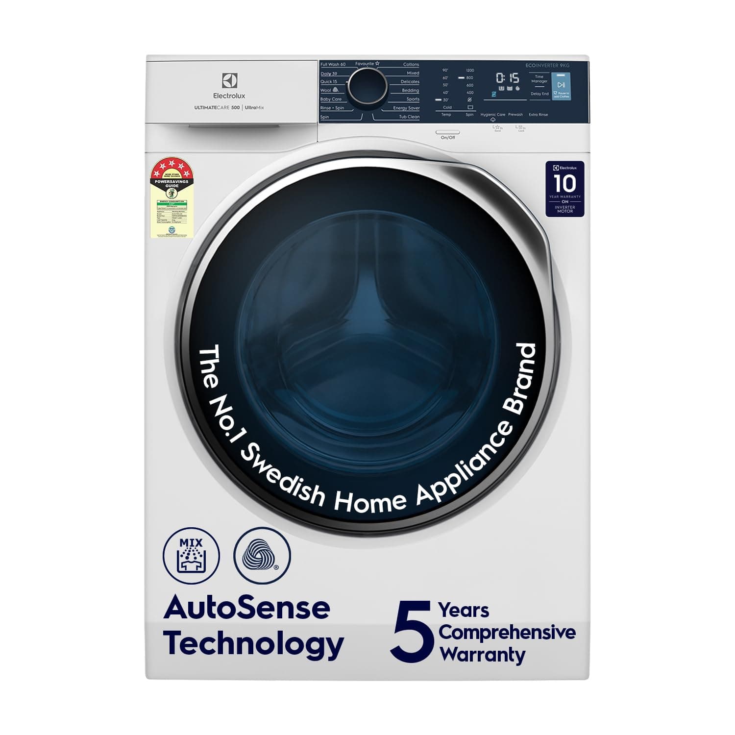 Electrolux 9kg 5 Star EcoInverter Fully Automatic Front Load Washing Machine, Scandinavian Design with 40°C Vapour Wash, Woolmark Certified, No Detergent Residue, White, UltimateCare 500, EWF9024R5WB