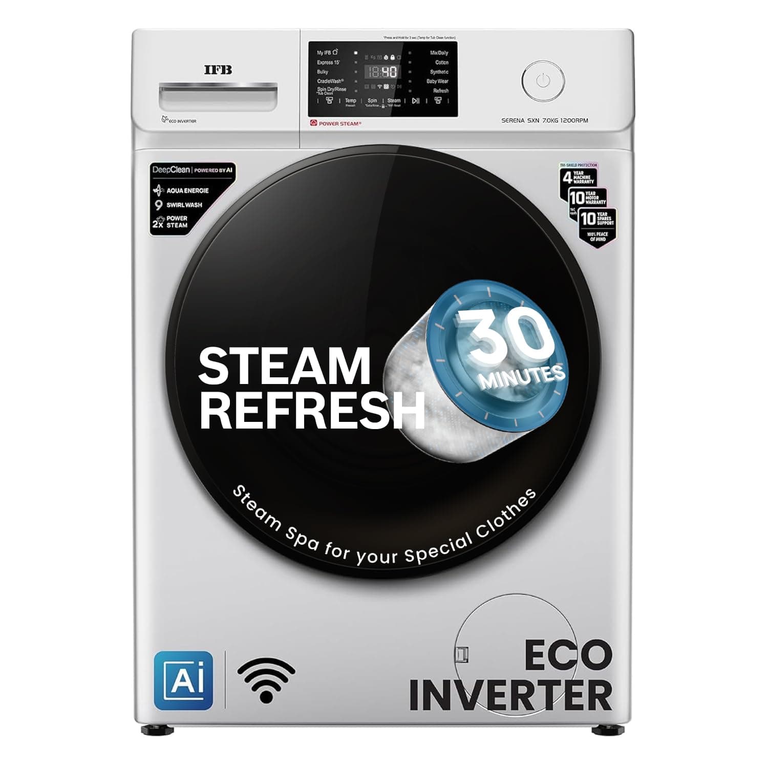 IFB 7 Kg 5 Star Powered by AI with 9 Swirl Wash, Wi-fi, Fully Automatic Front Load Washing Machine (SERENA SXN 7012, Steam Refresh Program with Eco In...