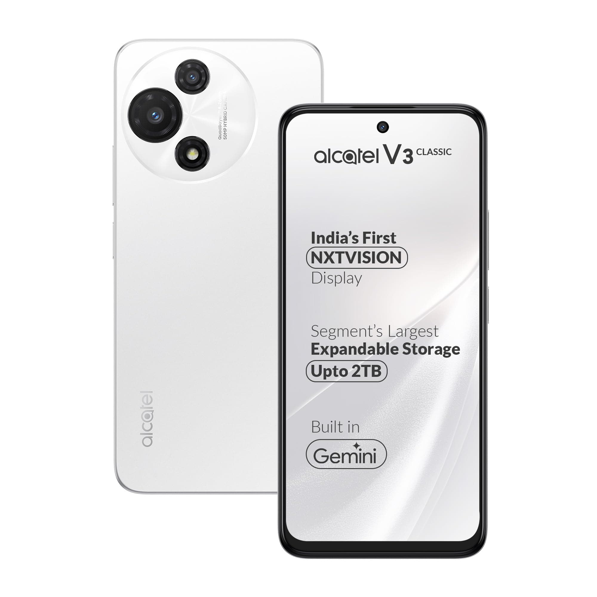 Alcatel V3 Classic 5G (Halo White, 4GB+128GB) | Indias 1st NXTVISION Display | 50MP AI Dual Camera | NFC, 2TB Expandable Memory | Gemini in-Built | Me...