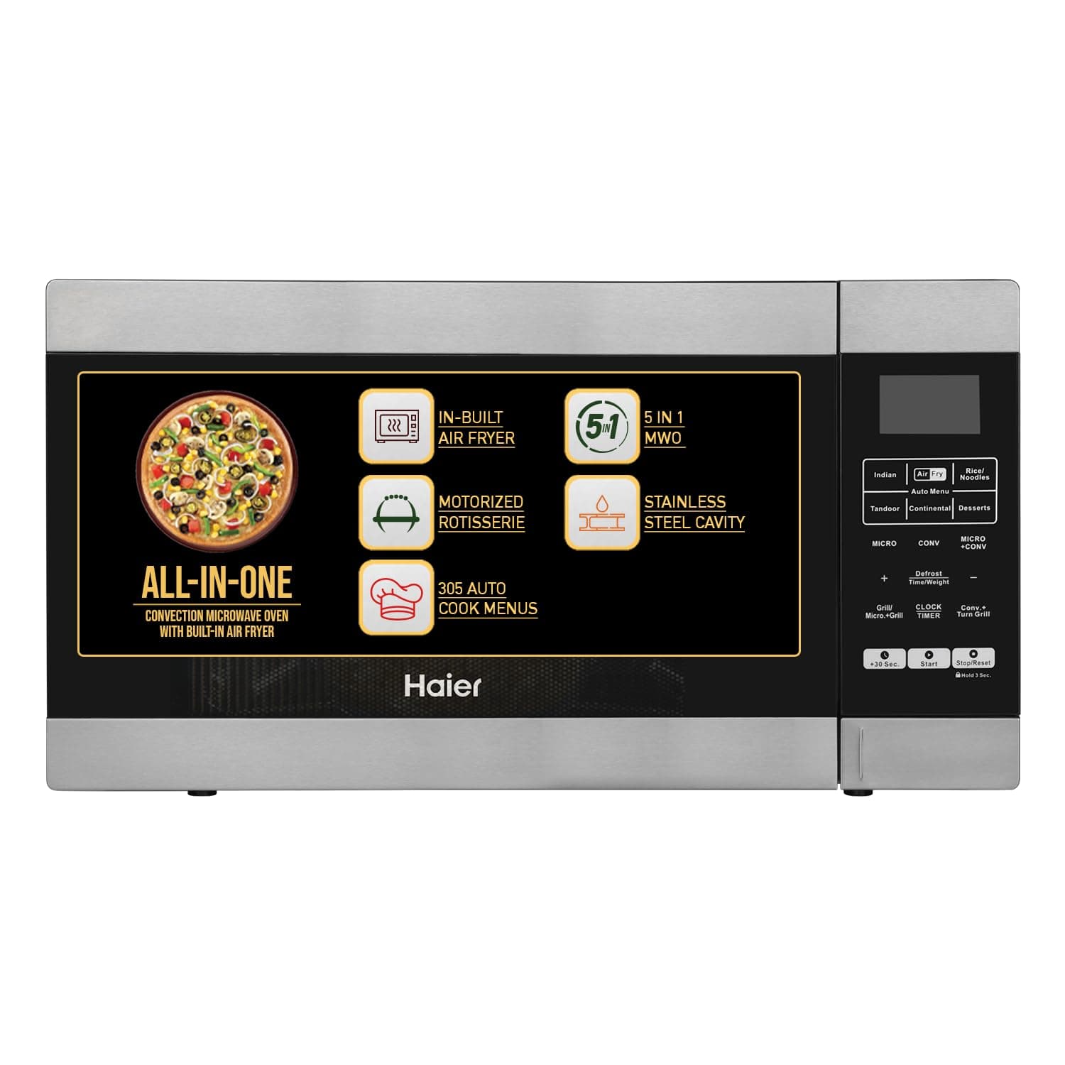 Haier 30L Convection Microwave Oven (HIL3001ARSB, Black) with In-Built Air Fryer | Motorized Rotisserie | 5 In1 Microwave oven