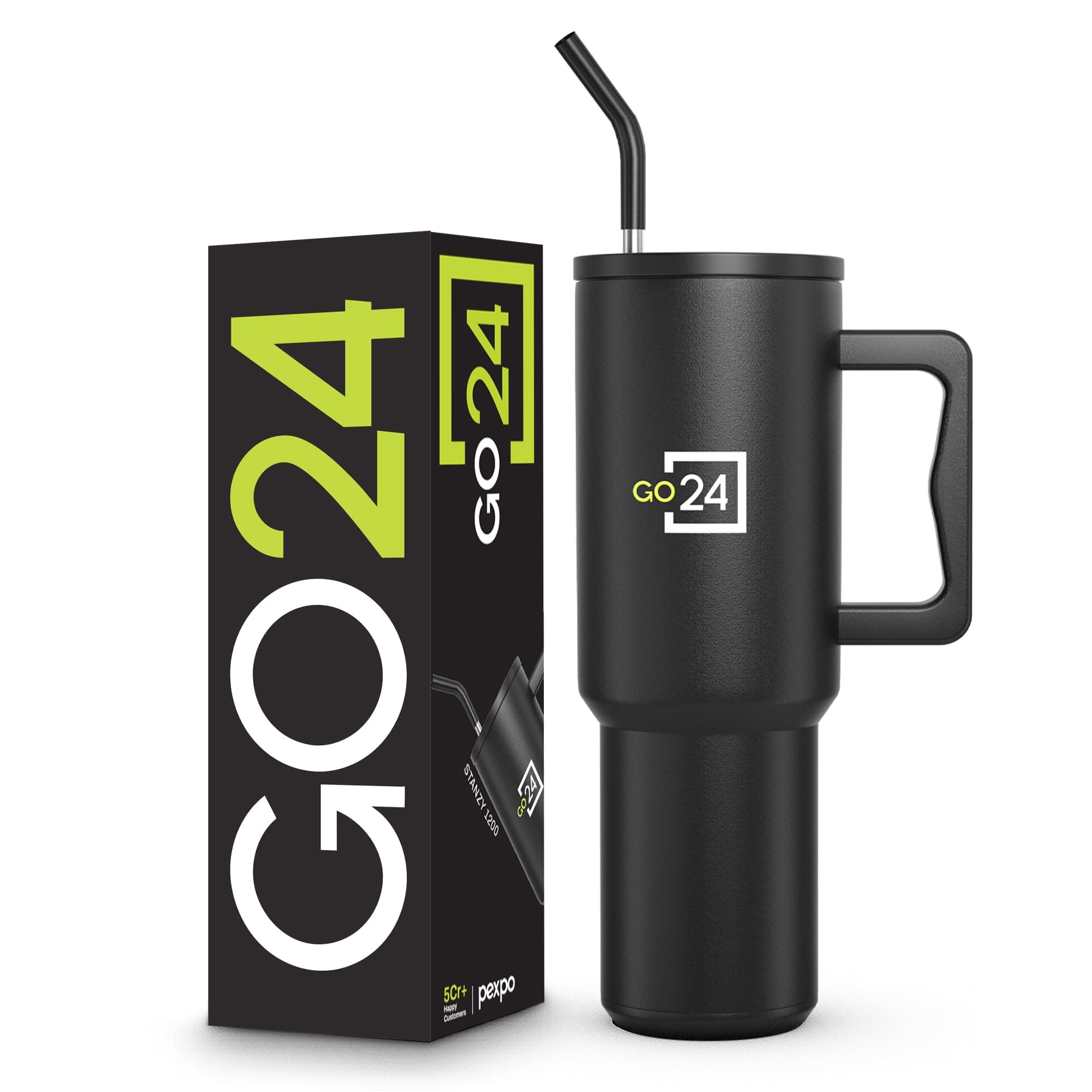 Pexpo Stanzy 1200ml ISI Certified Double Wall Insulated Stainless Steel Tumbler with Handle | Leakproof Travel Mug with Straw & Cover | Hot & Cold Bev...