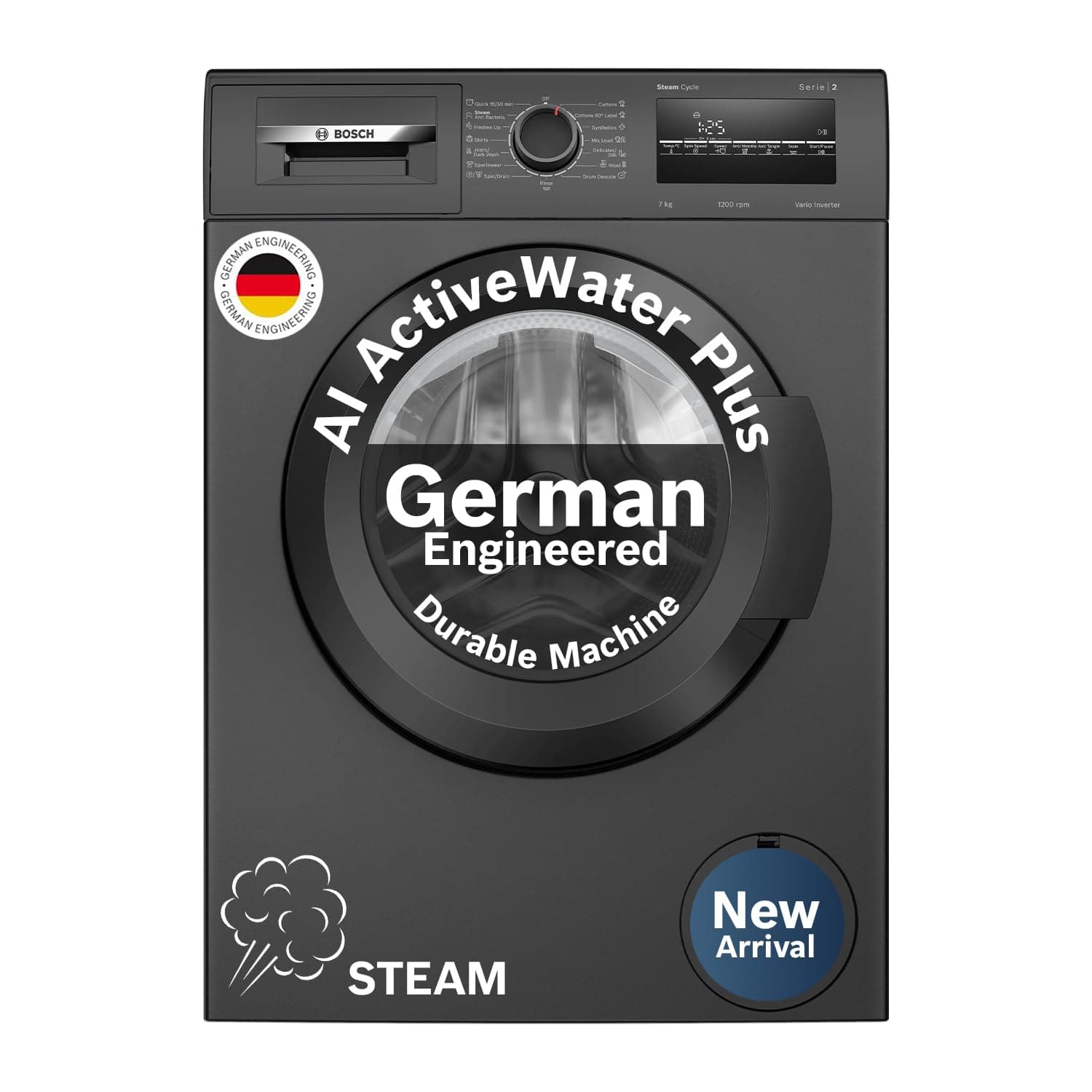 Bosch 7 kg 5 Star Fully-Automatic Front Loading Washing Machine (WAJ24209IN, Black, AI active water plus, In-Built Heater, BLDC Inverter motor, Steam)