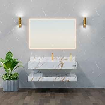 BANZER Bathroom Vanity Set Made with Ceramic Heavy Tiles with LED Mirror 3 Colour Lights Complete Set (White, 60x50cm)