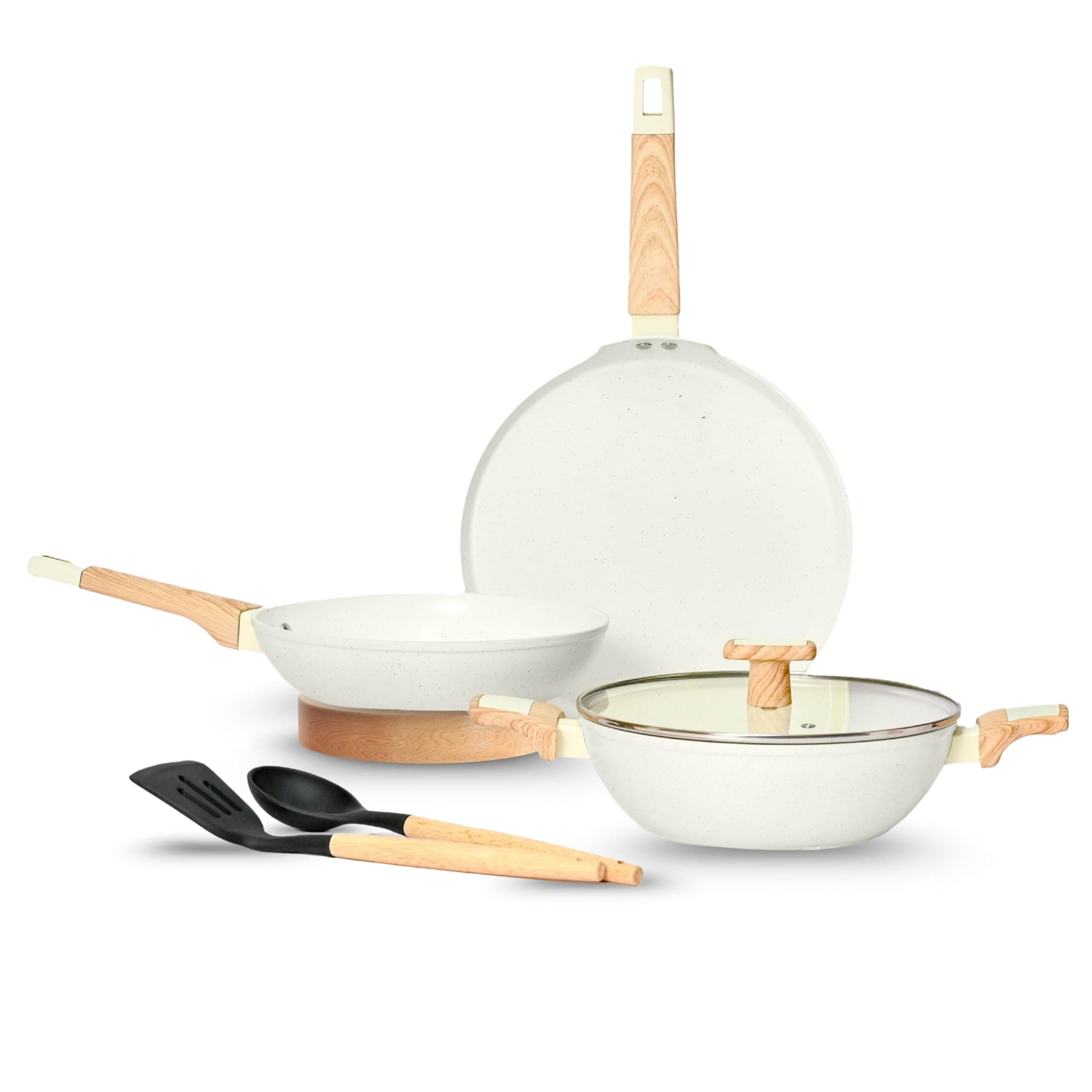 Kreme Ceracook Granite Ceramic Cookware Set of 3pcs| Forged Aluminium Body| Ceramic Nonstick| Gas & Induction Compatible| ISI Certified | Taffeta Ivor...
