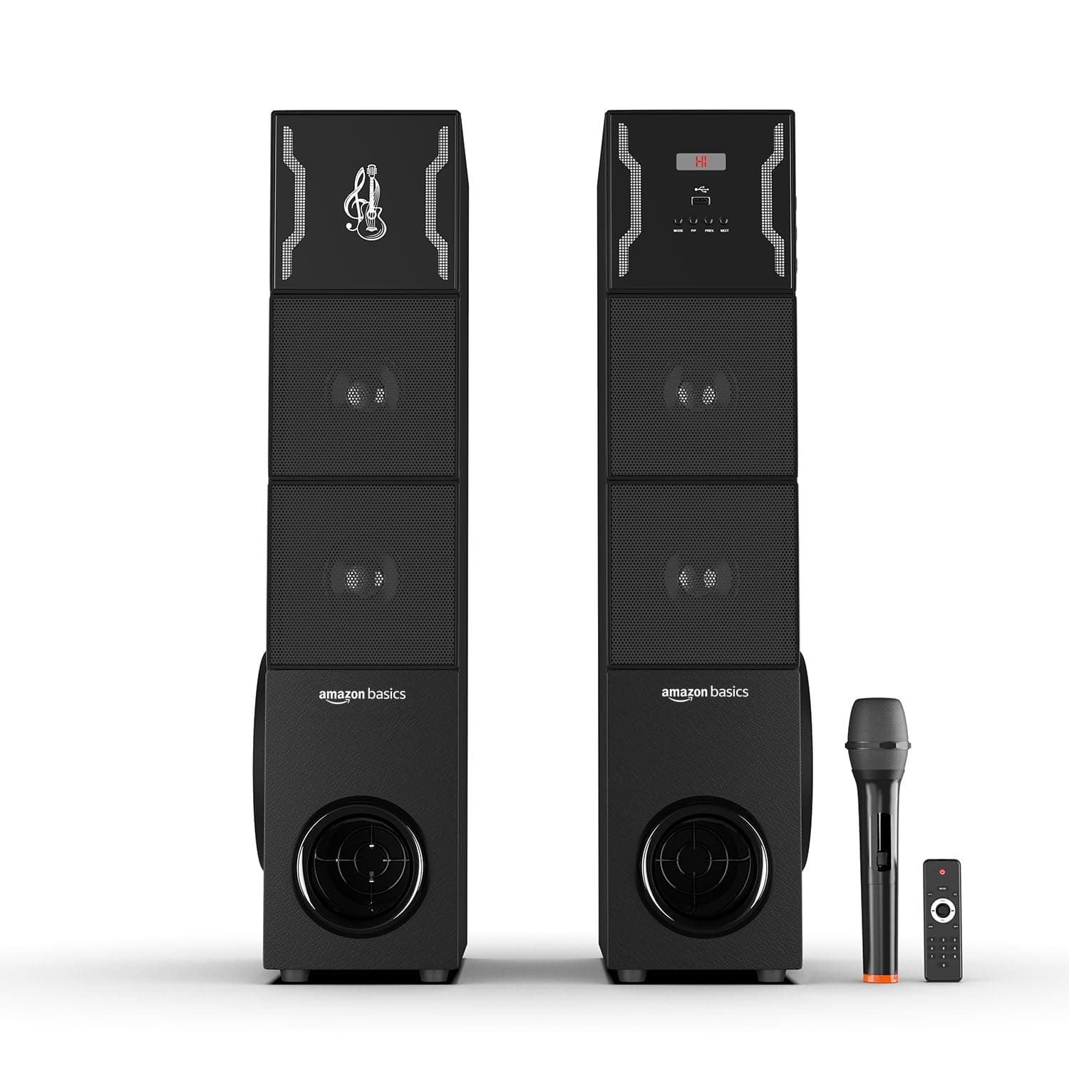 amazon basics 2.0CH 125W Multimedia Tower Speakers with Wireless Microphone, Multi-Connectivity Option with Supporting USB, AUX, FM, Mic (Black)