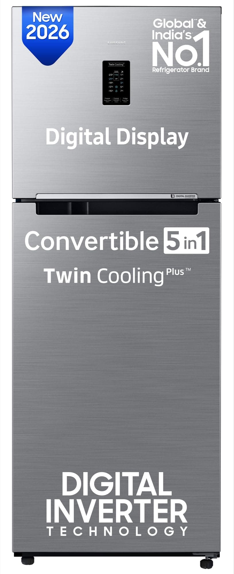 Samsung 301 L, 2 Star, Convertible 5-in-1 Digital Inverter with Display Frost Free Double Door Refrigerator (RT31H4522S9/HL, Silver, Refined Inox, 202...