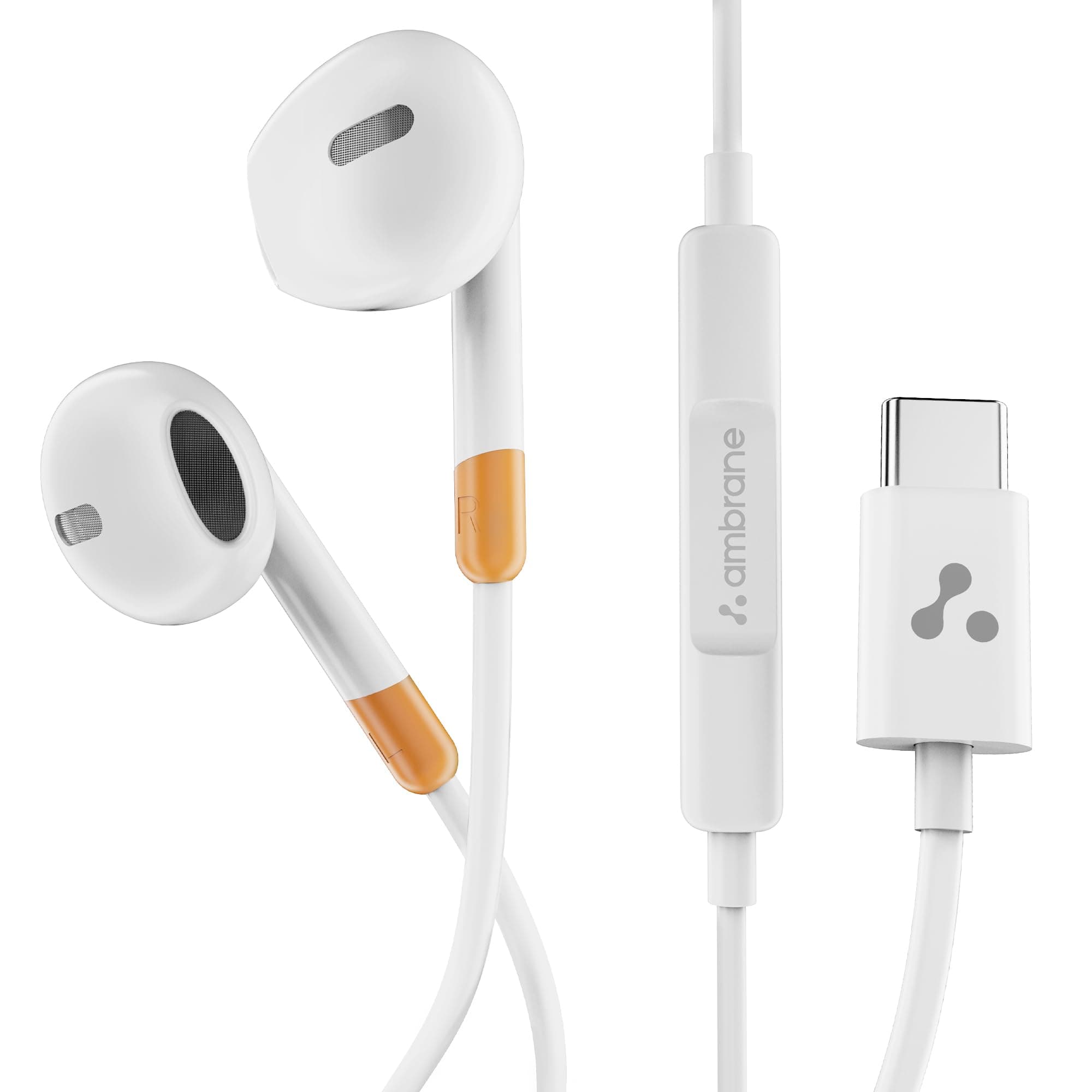 Ambrane Type-C Wired Earphones, Boosted bass, Comfy Ear Design 1.2m Long for Laptop,Smartphones - Stringz 02 White