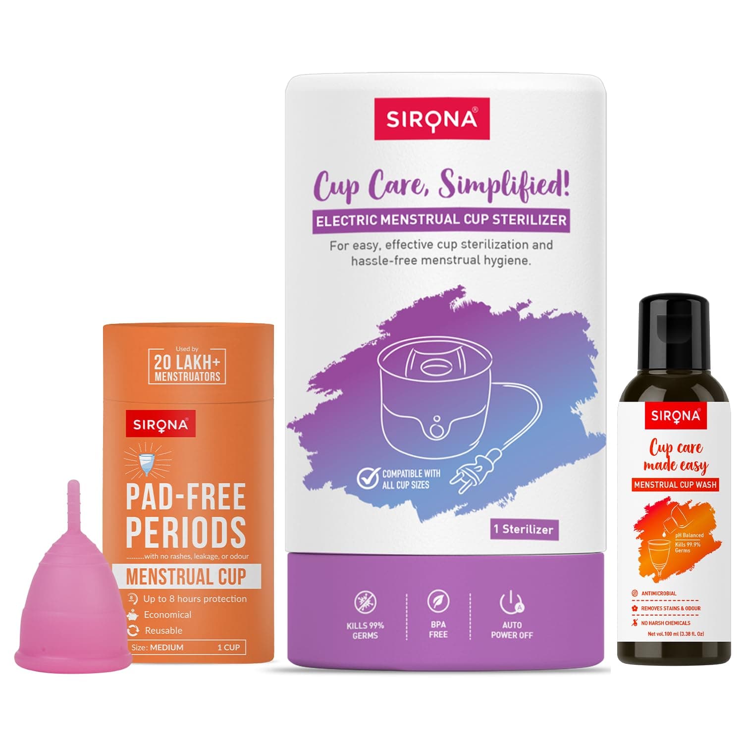 Sirona Reusable Menstrual Cup for Women - Medium with Natural Menstrual Cup Wash - 100 ml & Menstrual Cup Sterilizer | Clean your Period Cup Effortlessly - Kills 99% of Germs in 3 Minutes