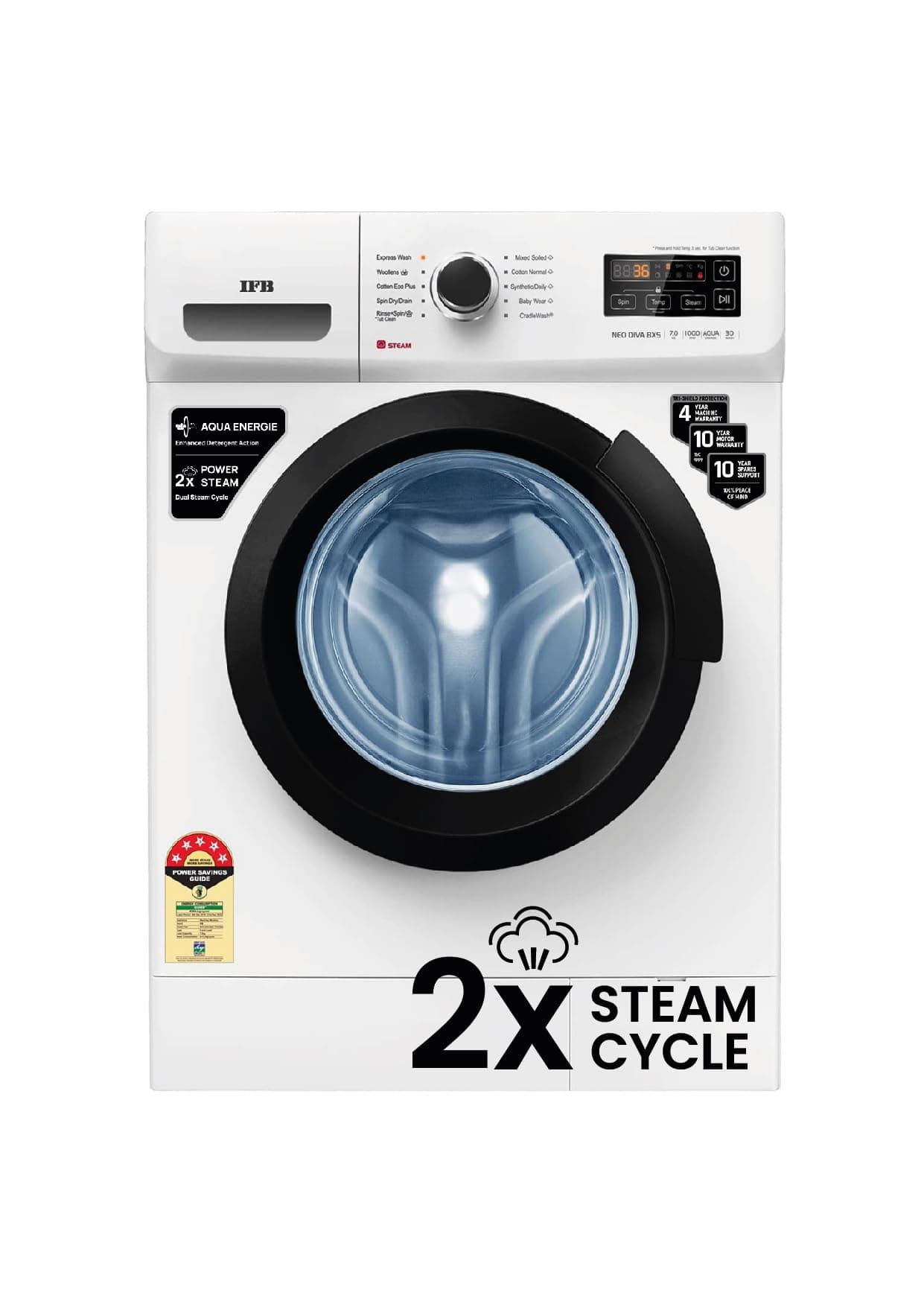 IFB 7 Kg 5 Star Front Load Washing Machine 2X Power Dual Steam (NEO DIVA BXS 7010, White & Black, Active Color Protection, Hard Water Wash)