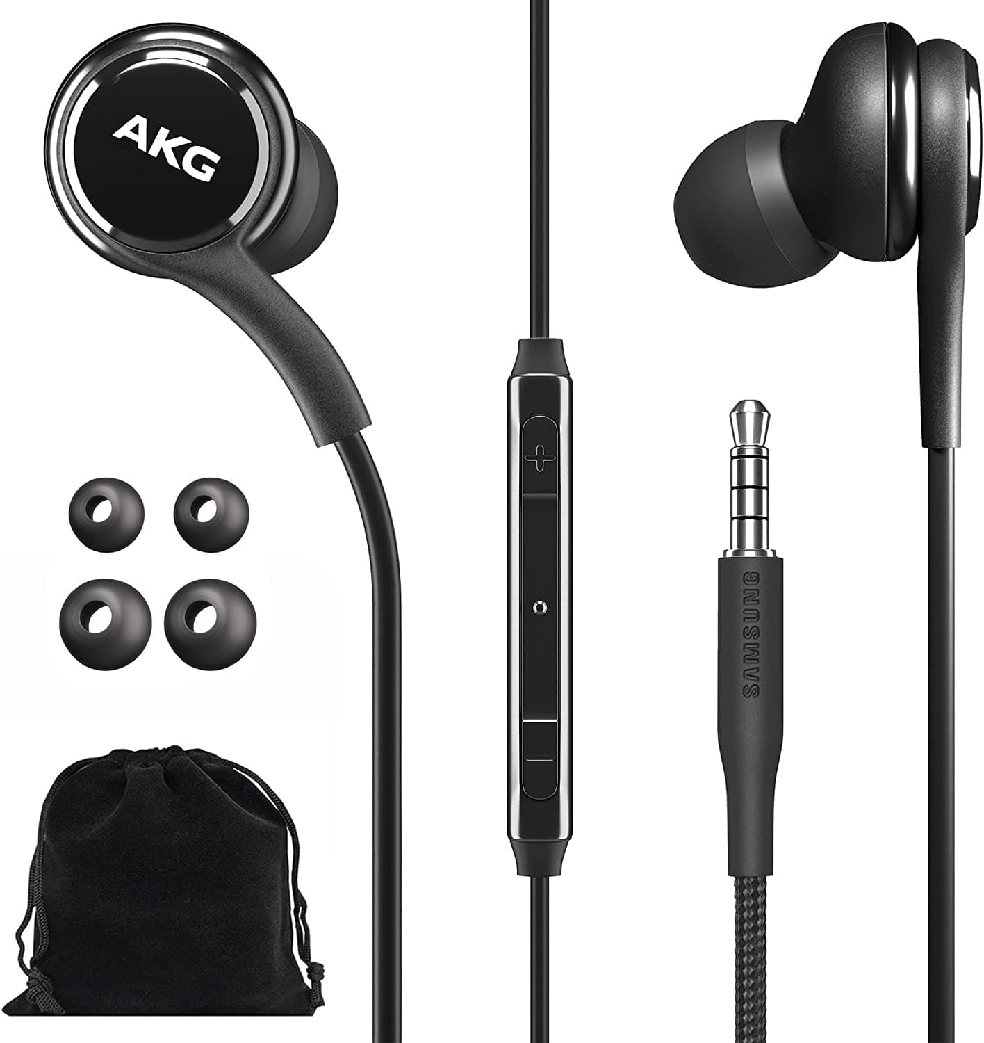 SAMSUNG AKG Wired Earbuds Original 3.5mm in-Ear Earbud Headphones with Remote & Microphone for Music, Phone Calls, Work - Noise Isolating Deep Bass, Includes Velvet Carrying Pouch - Black
