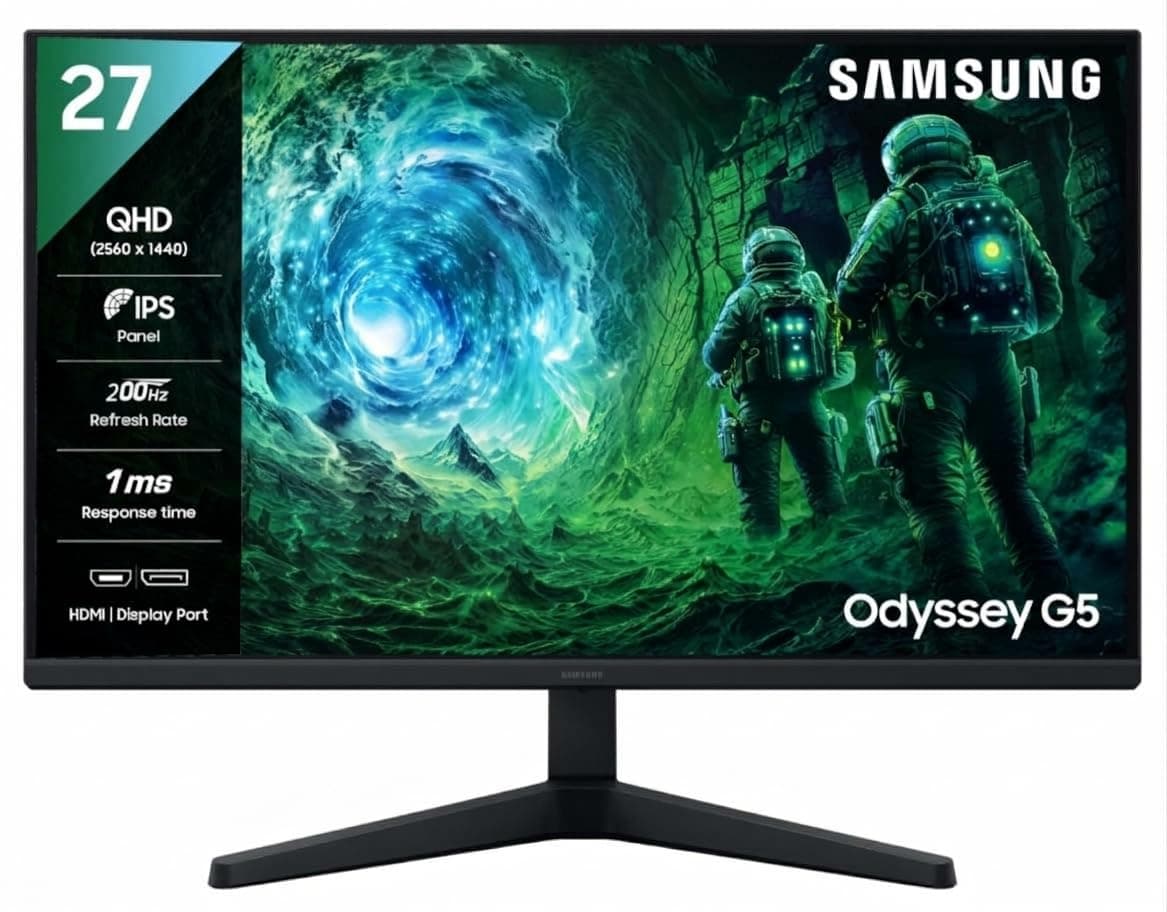 Samsung 27" Odyssey G5 Fast IPS Gaming Monitor|QHD 2560 x 1440|200 Hz|1ms|300nits|HDR10|FreeSync Premium|Ports-DP,2 HDMI,Headphone|Wall Mountable|LS27...