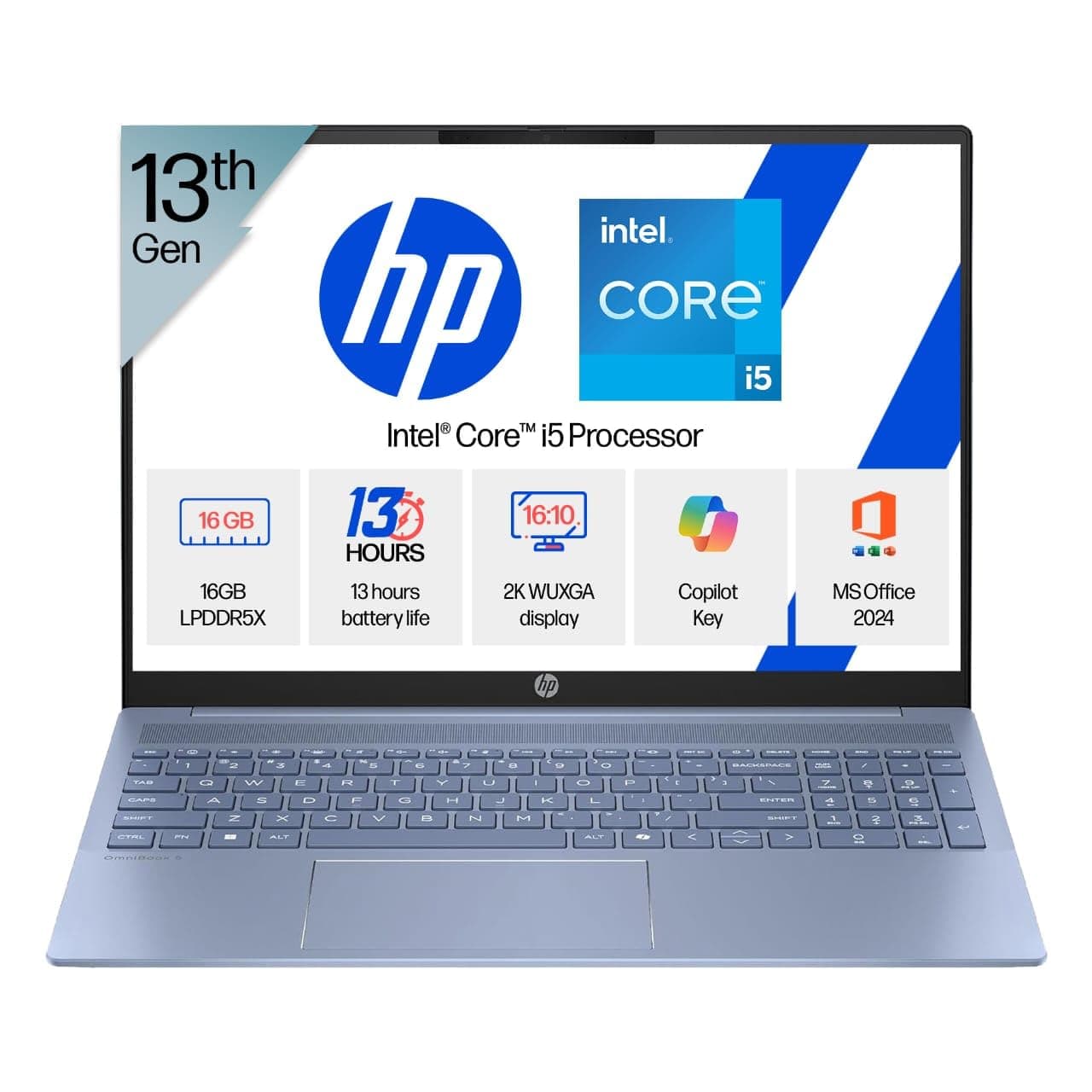 HP OmniBook 5 (Previously Pavilion) 13th Gen Intel Core i5 1334U (16GB LPDDR5X, 512GB SSD) 2K,IPS,300 nits, 16''/40.6cm, Win11, M365 Basic(1yr), Offic...