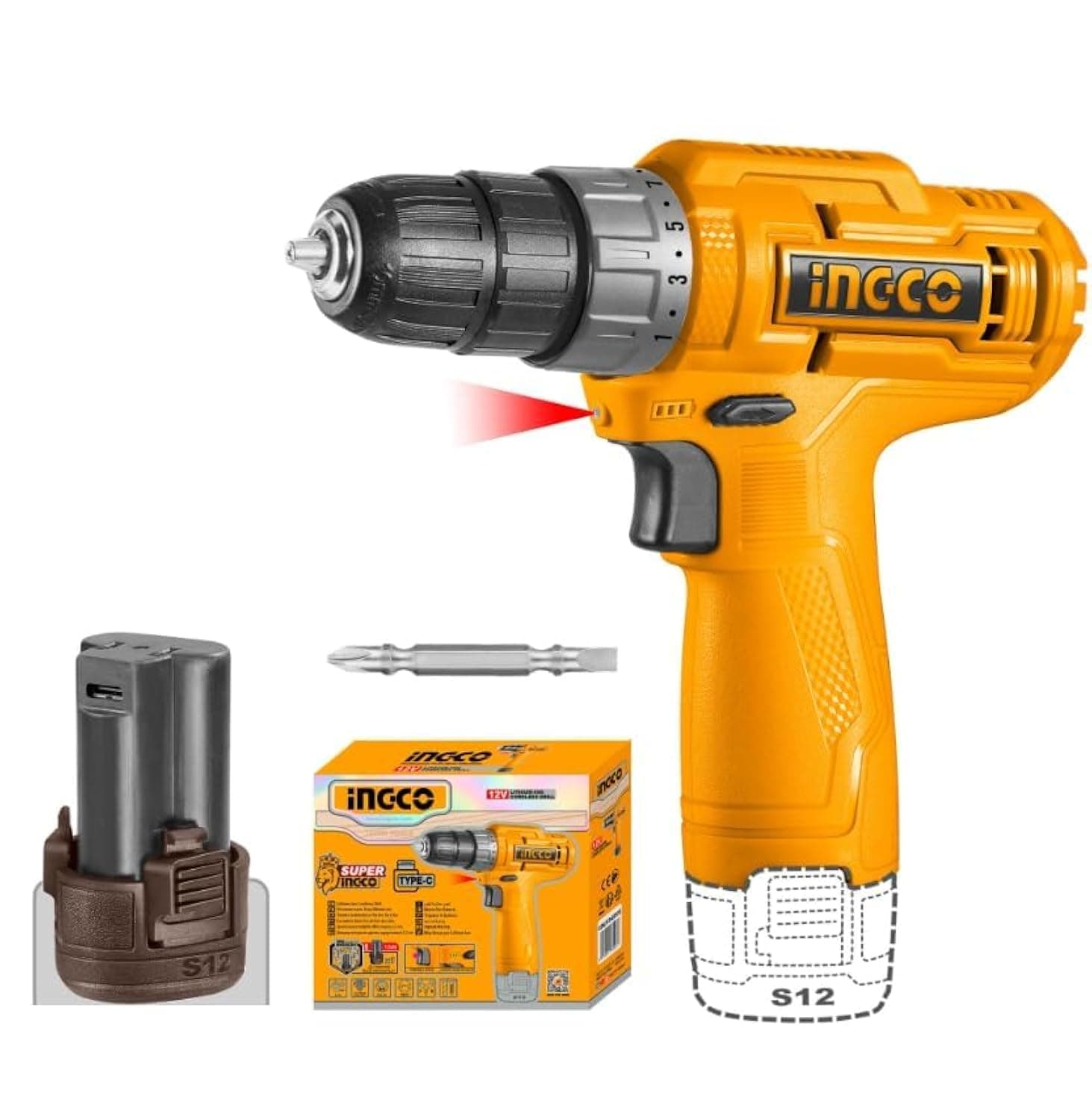 INGCO 12V Cordless Drill, with Battery and Drill bit, 20NM,0.8-10mm,15+1 Torque