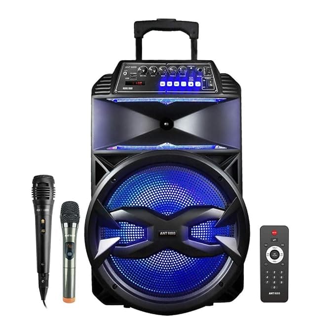Ant Audio Rock 1000 Trolley Party Speaker with Karaoke with FM Radio, Micro SD Card, USB, Wired & Wireless Mic, LED Lights & 15inch Subwoofer – 100 wa
