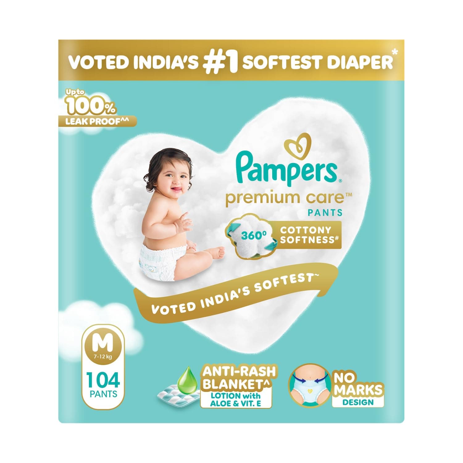 Pampers Premium Care Pant Style Baby Diapers | Medium (M size) | 104 Count | Voted India's Softest | All-in-1 with 360 Cottony Softness Diapers | 7-12...
