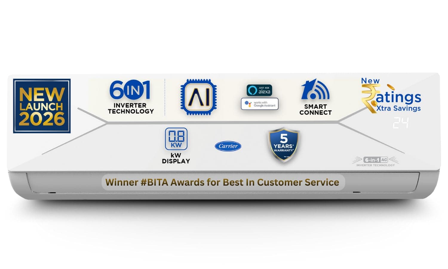 Carrier 2 T 5Star,New Star rated,Wi-Fi Smart Flexicool Inverter Split AC(Copper,Convertible6-in-1withWi-Fi with Geo-Fencing,Smart EnergyDisplay,New st...