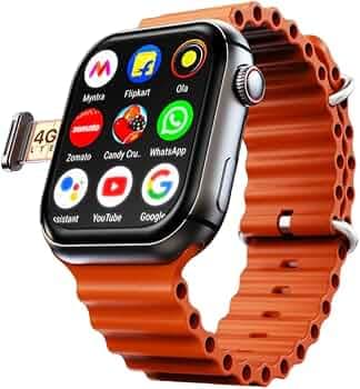 Yalhat S8 Ultra 4G Simcard Smart Watch with Duo Ocean Strap Black and Orange Whatsapp, Calling, Internet, 35+ app, Bp Heart Rate Monitor, SpO2 Tracker...