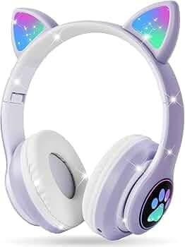 Daemon Kids Headphones,Cat Ear Kids Bluetooth Headphones,Led Light Up Over Ear Kids Wireless Headphones With Hd Stereo Sound 105Db Volume Limited,Fold...