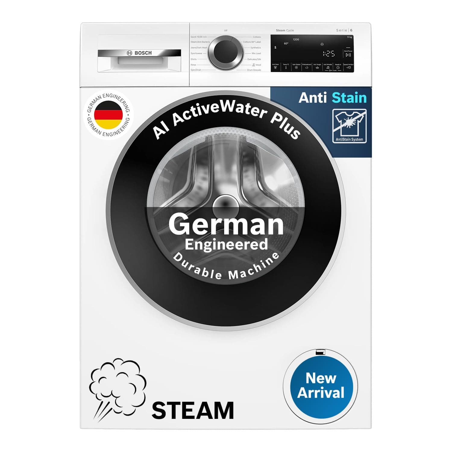 Bosch 9kg 5 Star Anti Stain & AI Active Water Plus Fully Automatic Front Load Washing Machine with Built in Heater (WGA14200IN, Pretreatment & Steam w...