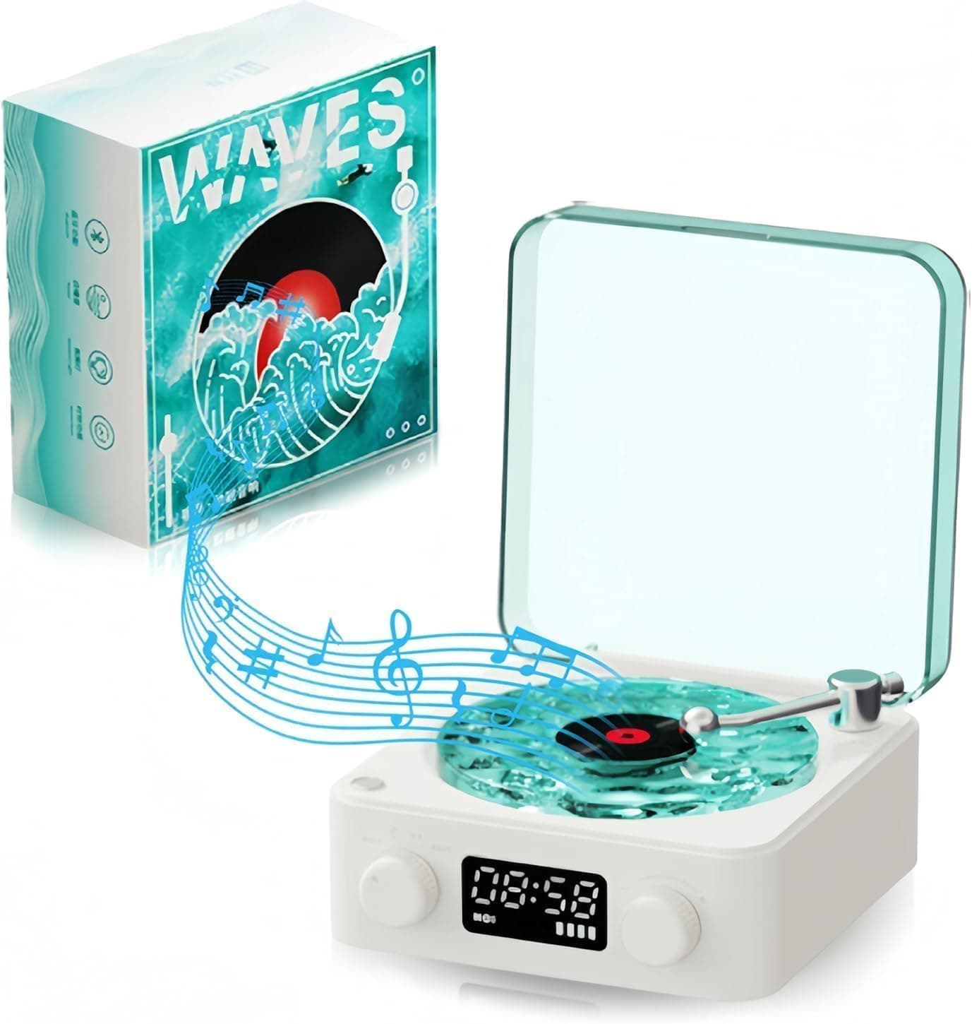 SHIKSELL Retro-Style Wireless Waves Vinyl Bluetooth Speaker, Aqua Vinyl Speaker, The Waves Vinyl Player with Ambience Light and Clock for Bedroom, Off...