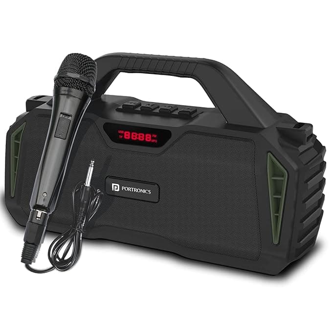 Portronics Chime 20W TWS Wireless Bluetooth Speaker with Wired Karaoke Mic. with Inbuit FM, USB, Aux-in, Micro SD, Upto 8 hr Playback TIme(Green) Spea
