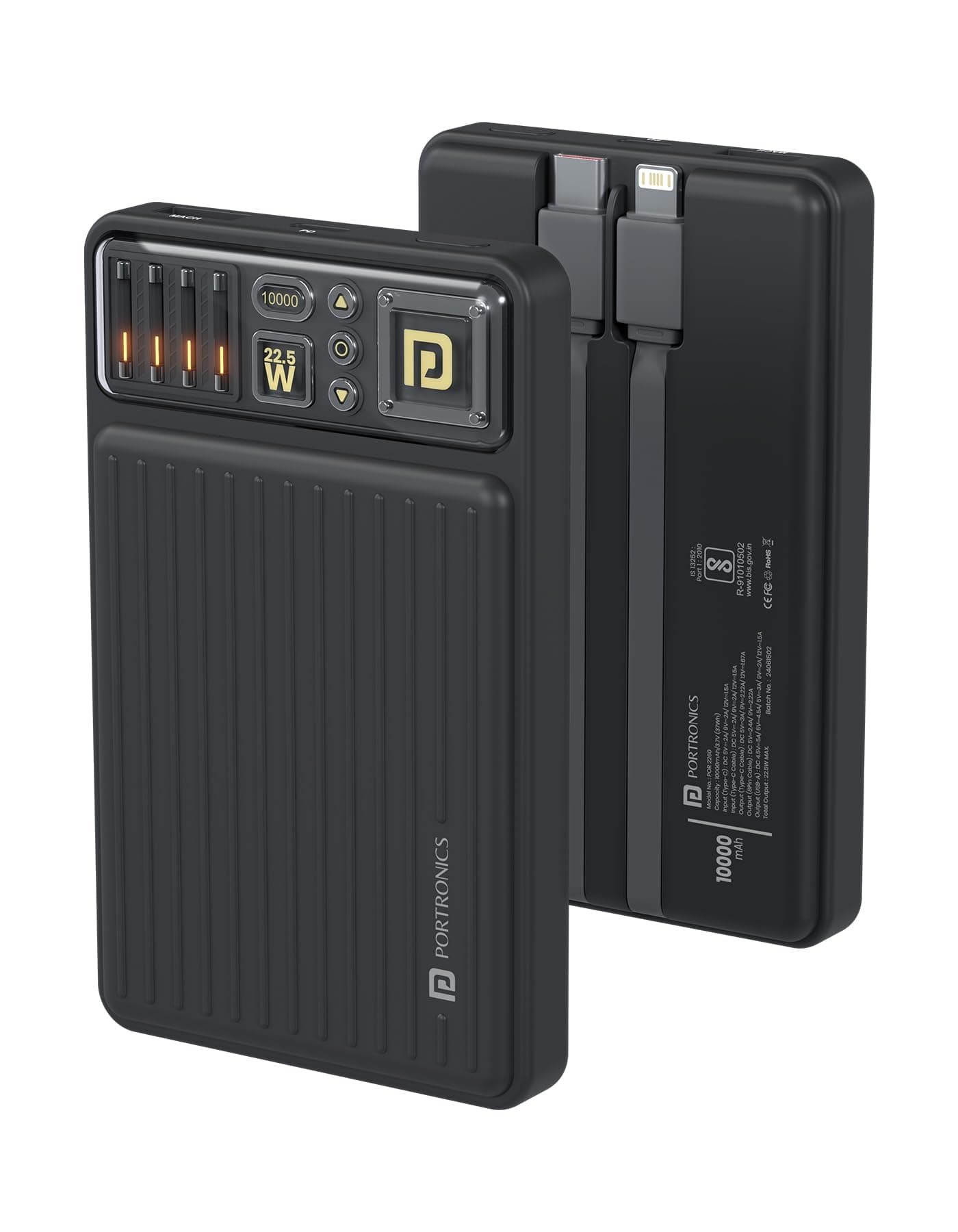 Portronics Luxcell Bind Mini 10k 10000mAh Powerbank with 22.5W Fast Charging, in-Built Type C PD(Input & Output) /8 Pin Cable, LED Indicator, USB-A Ma...