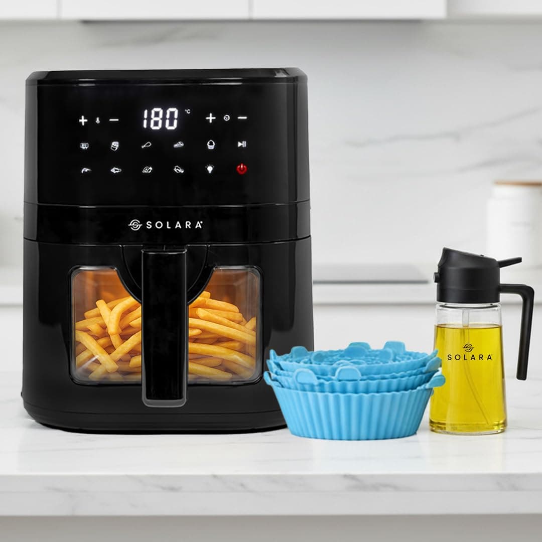 SOLARA Air Fryer 4.5 Litres with 500ml 2-in-1 Glass Oil Sprayer & Pack of 6 Reusable Silicone Basket Liners Combo Pack, 10 Preset menus, BPA-Free Kitc...