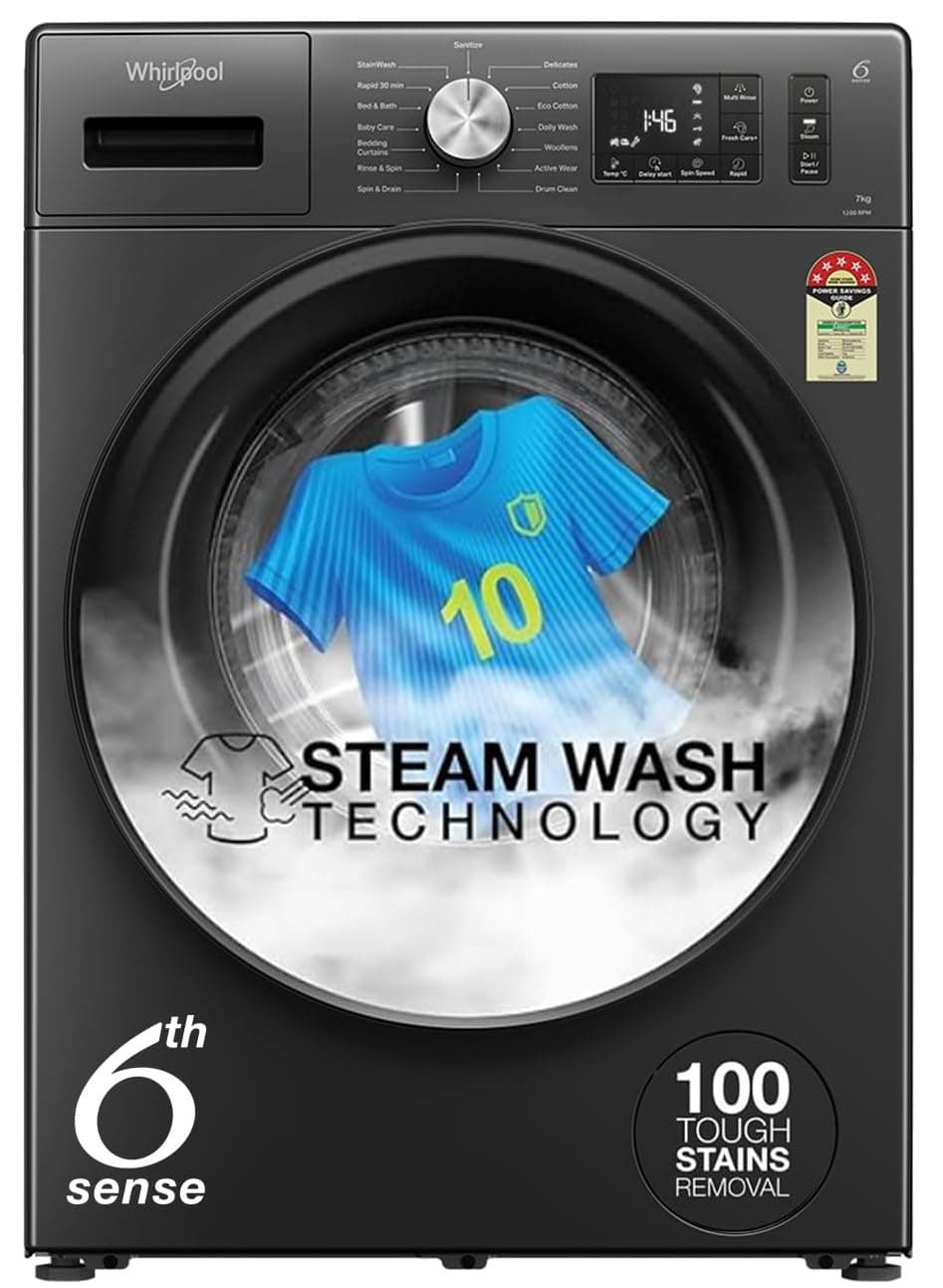 Whirlpool 7 Kg 5 Star Inverter Front Load Washing Machine with In-Built Heater (SUPREME CARE 7012 -E, Midnight Grey, 100+ Tough Stains, Steam Technolo...