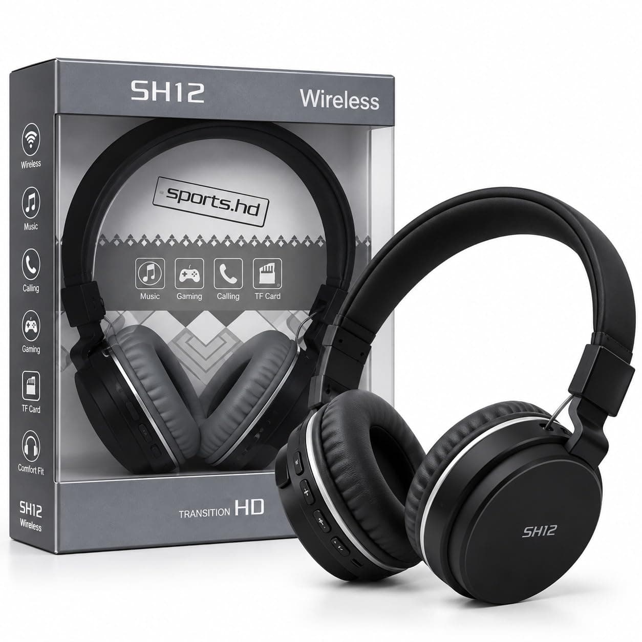 SH12 Bluetooth Stereo Dynamic Headphones with FM & MP3 Player | Wireless & Wired Headphones | Foldable On-Ear Design with Cushioned Ear Cups | Built-i...