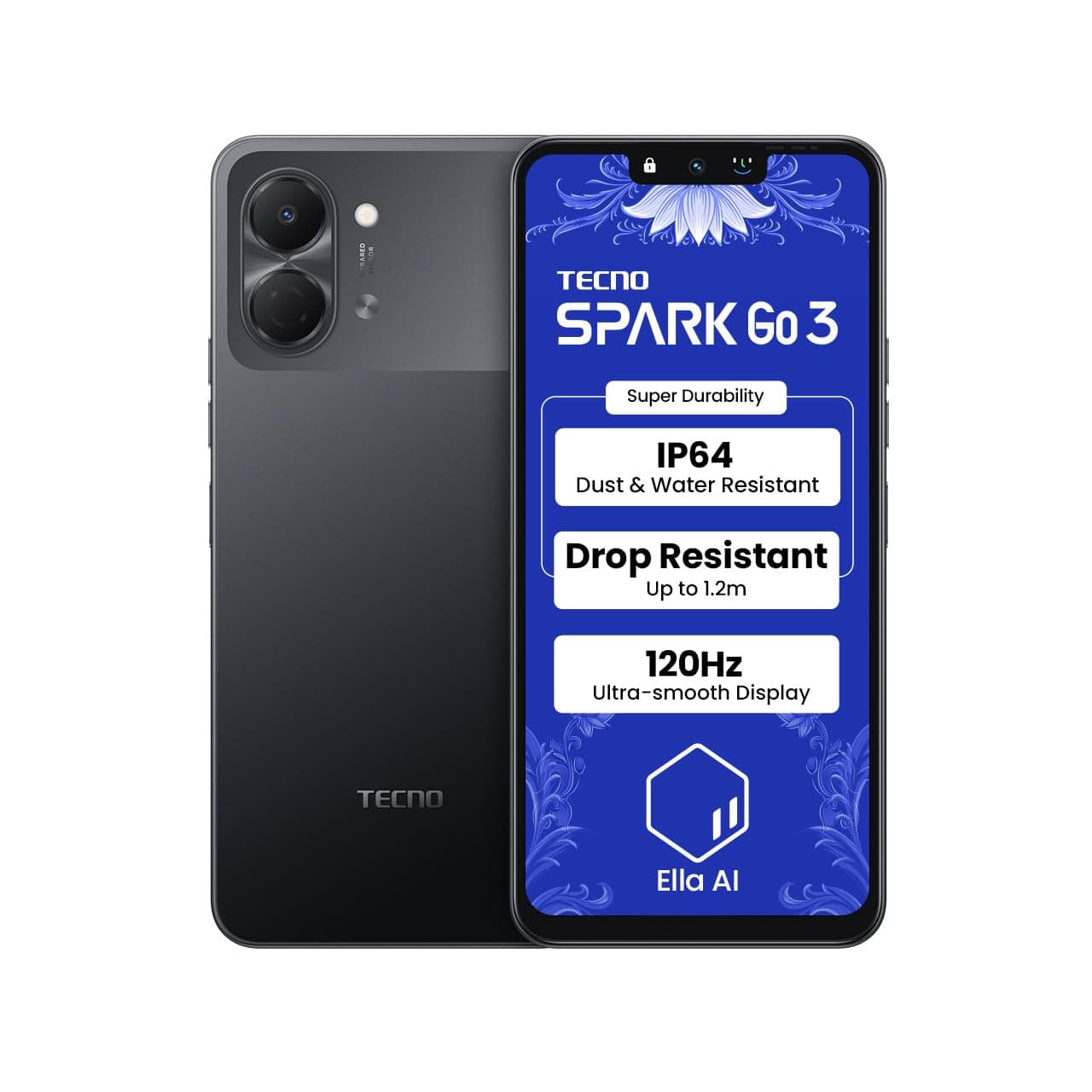 Tecno Spark GO 3 (Ink Black, 4GB+64GB | Super Durability Drop Resistant & IP64 Rated | Make Calls Without Network* |Ella Al in Your Own Language | Sup...