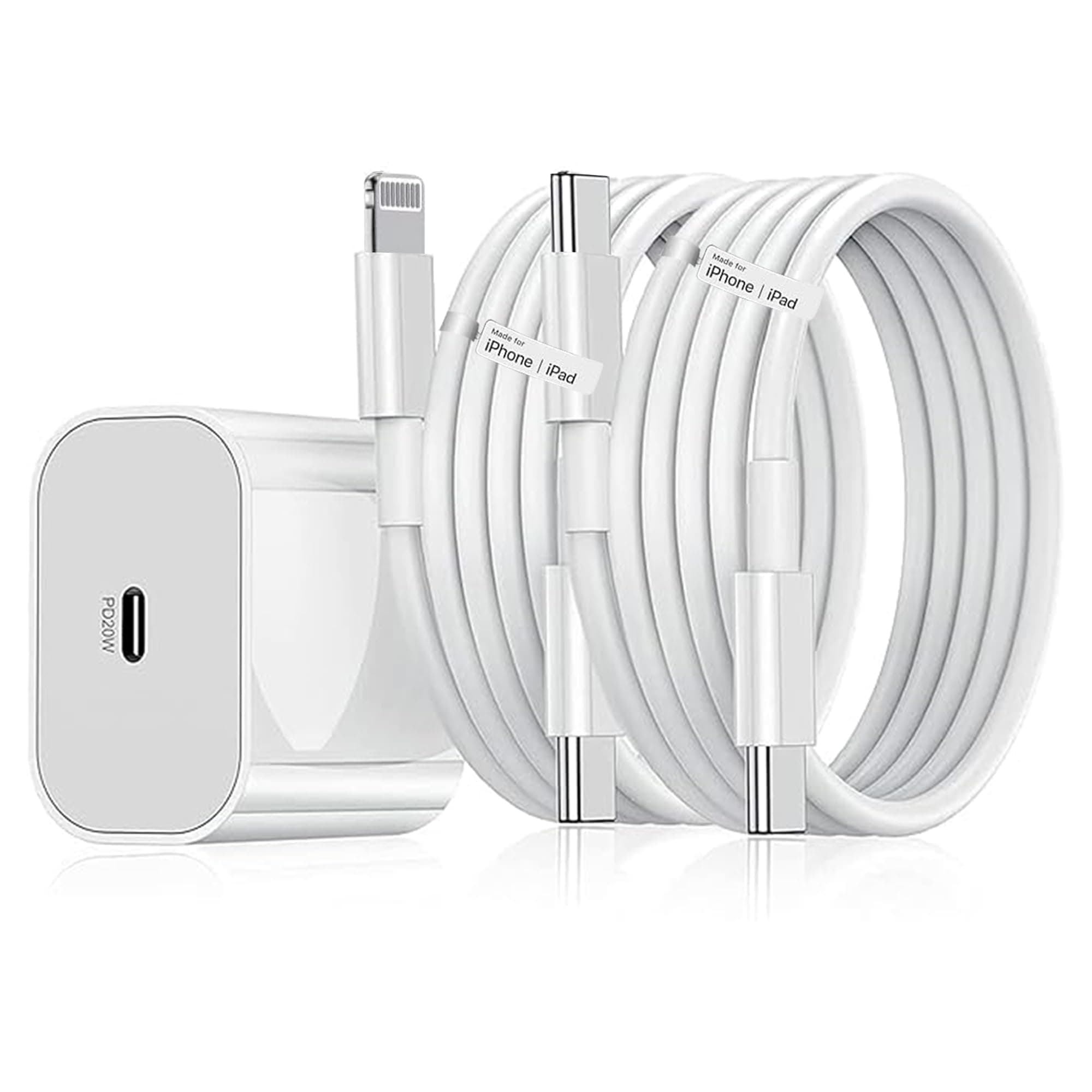 Kratos® 20W Fast Charger for iPhone 16/15/14/13/12/11 Series | 1M Type C to Lightning Cable + 1M Nylon Braided Type C to C Cable | PD Fast Charger (1 Adapter + 2 Cables, White)