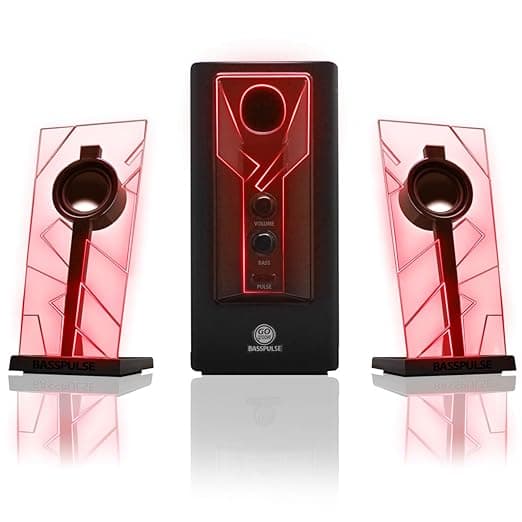GOgroove BassPULSE 2.1 Computer Speakers with Red LED Glow Lights and Powered Subwoofer - Gaming Speaker System for Music on Desktop, Laptop, PC with 