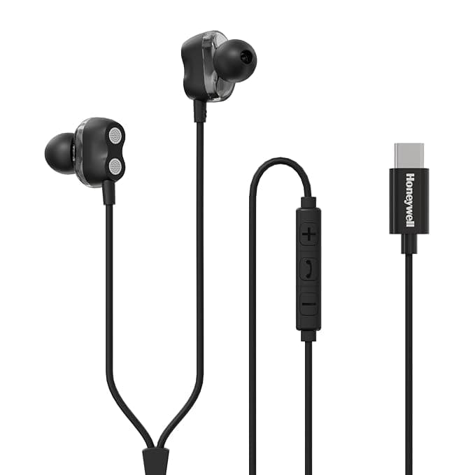 Honeywell Suono P80 Wired in Ear Earphones with Built-in Mic, 8mm*4 Drivers, IPX4, Noise Cancelling and Ultra HD Mic, HD Sound & Clear Audio, Type C C...