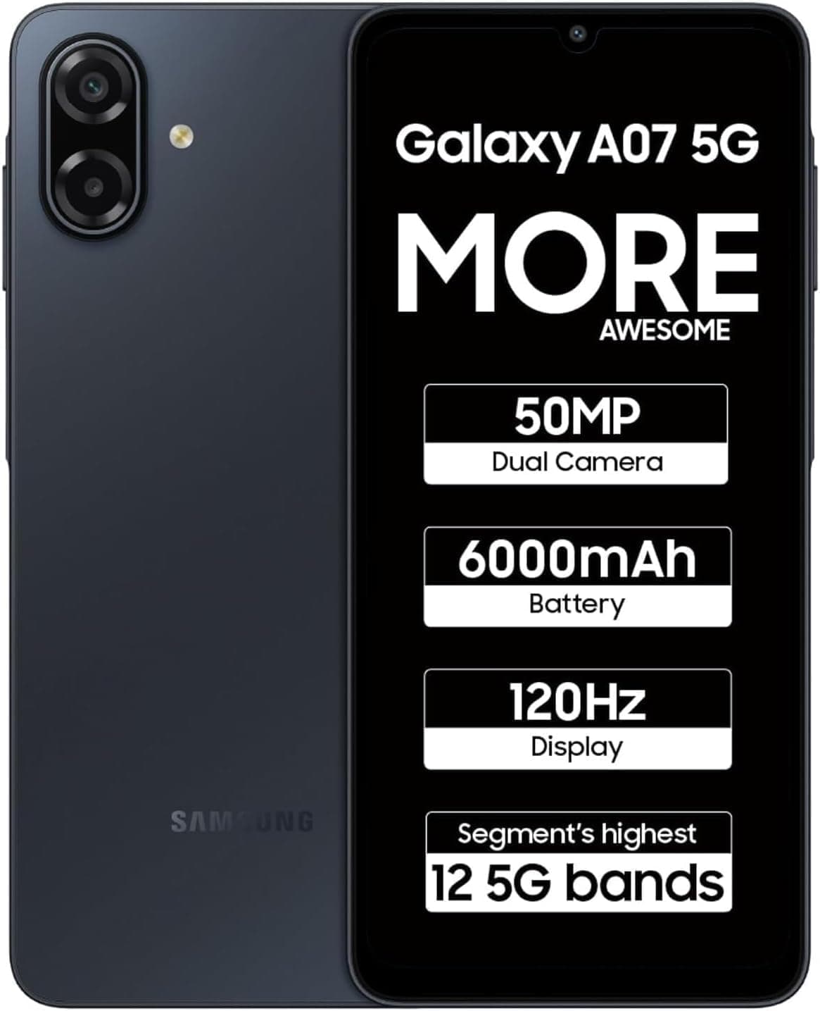 Samsung Galaxy A07 5G (Black, 4GB RAM, 128GB Storage) | 6.7 inch HD+ 120Hz Display | MediaTek Dimensity 6300 | 50MP + 2MP Rear Camera | 6000 mAh Batte...