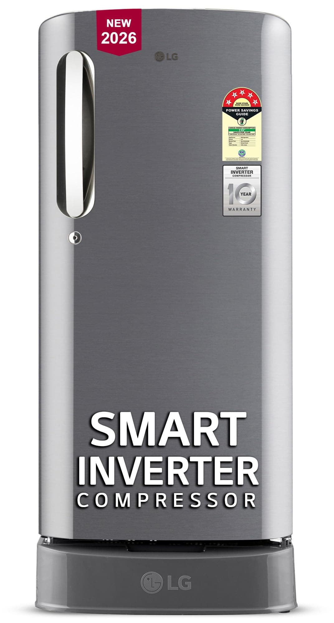LG 185 L, 5 Star, Smart Inverter, Direct Cool Single Door Refrigerator (GLD1956ZAPZ, Shiny Steel, Base stand with Drawer)