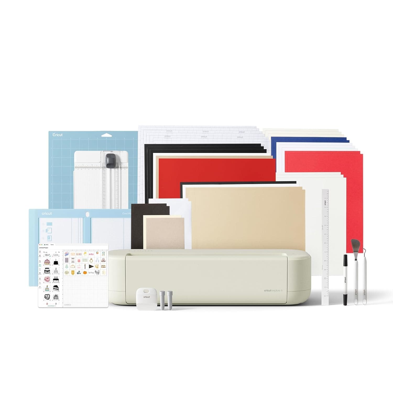 Cricut Explore 5 Essential Bundle + Digital Content Smart Cutting Machine - perfect for projects like custom vinyl decals, T-shirts, full-color sticke...