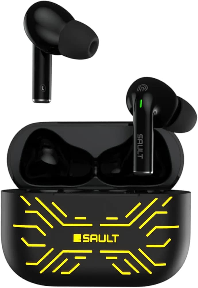 SAULT Airplugs On The Groove True Wireless Earbuds(TWS), Bluetooth V5.1 with mic, LED Battery Indicator, Water Resistance IP57, 13mm Driver for immersive Sound (Black)