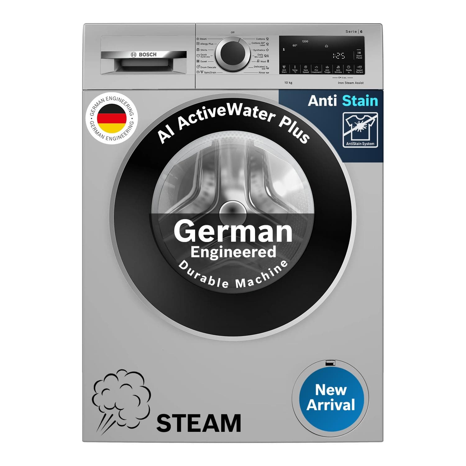 Bosch 10kg 5 Star Anti Stain & AI Active Water Plus Fully Automatic Front Load Washing Machine with Built in Heater (WGA252ZSIN, Pretreatment, Iron St...