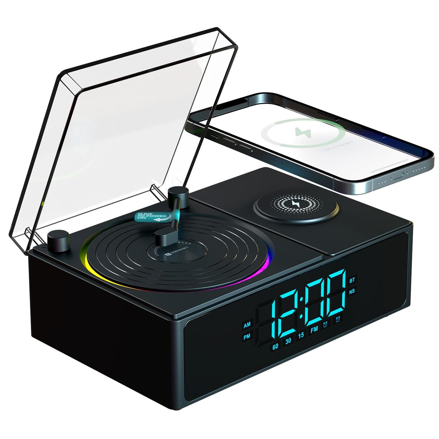 Portronics Soundflow 5W HD Sound Retro Design Bluetooth Speaker,15W Wireless Charging,Digital Clock with Alarm Setting,RGB LED Lights,Built-in White N...