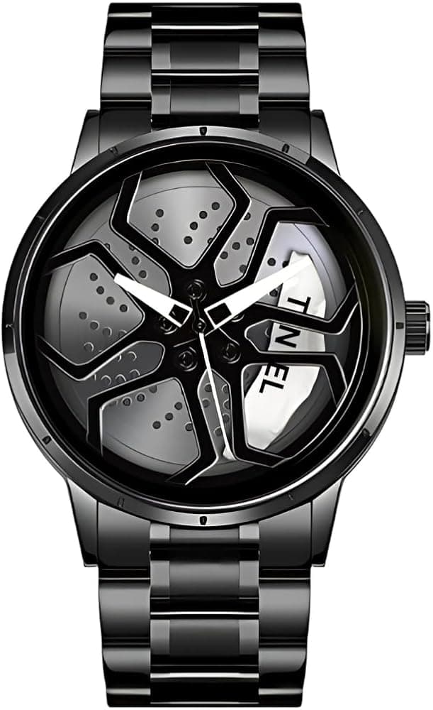 JollyBilly Men's Car Wheel Watch with 360 Degree Rotating Wheel Inside, Automotive-Inspired Design, Analog Stainless Steel, Quartz Movement, Sporty Lu...