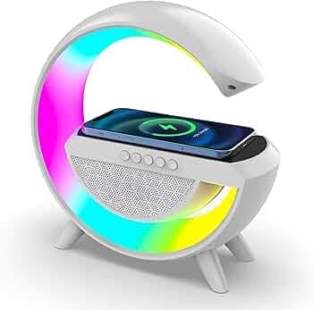 VEHOP Multi-Function Bluetooth Speaker Lamp with Wireless Fast Charging, RGB Light with 8 Music Sync Modes, Dimmable Night Light Bedside Lamp for Andr...