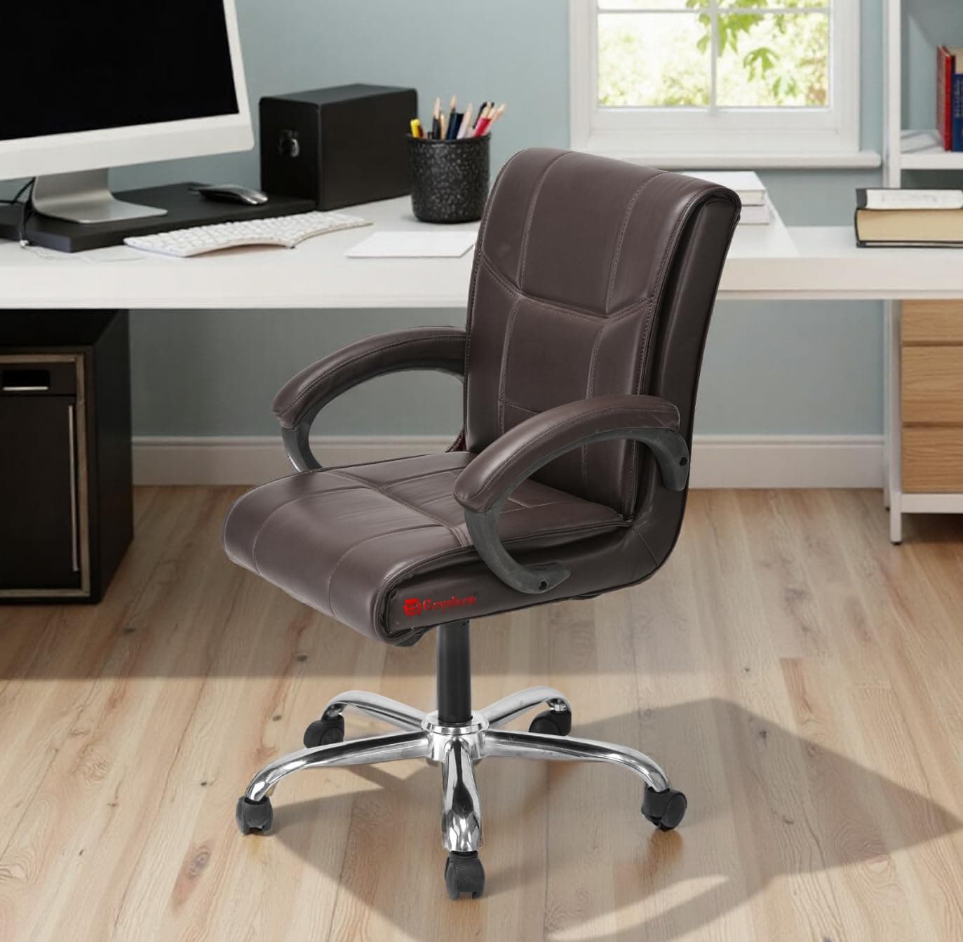 GOYALSON Comfortable Revolving Chair for Director, Principal, or Manager Office with Armrests, Wheels, and Cushioned Seat and Back (Coffee, Stainless ...
