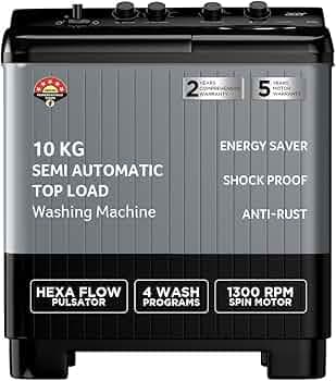 Acer 10.0 Kg 5 Star Semi-Automatic Top Loading Washing Machine(AR10SAMBGL124D, Black-Grey, 4 Wash Programs, Hexa Flow Pulsator, Advanced Lint Filter)