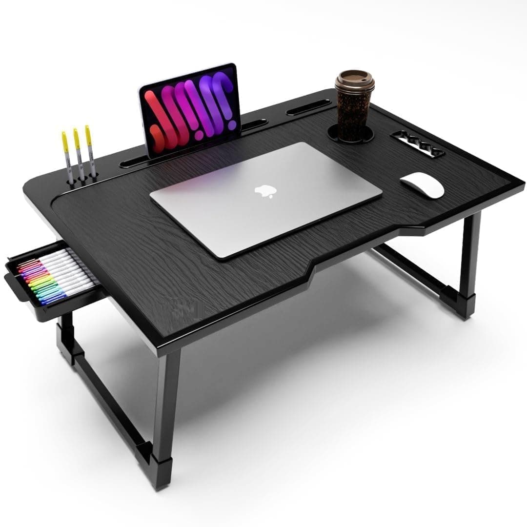 Mini Laptop Table for Bed Foldable Wooden Smart Study Table with Drawer Kids & Adults (PS COTTING Wood)
