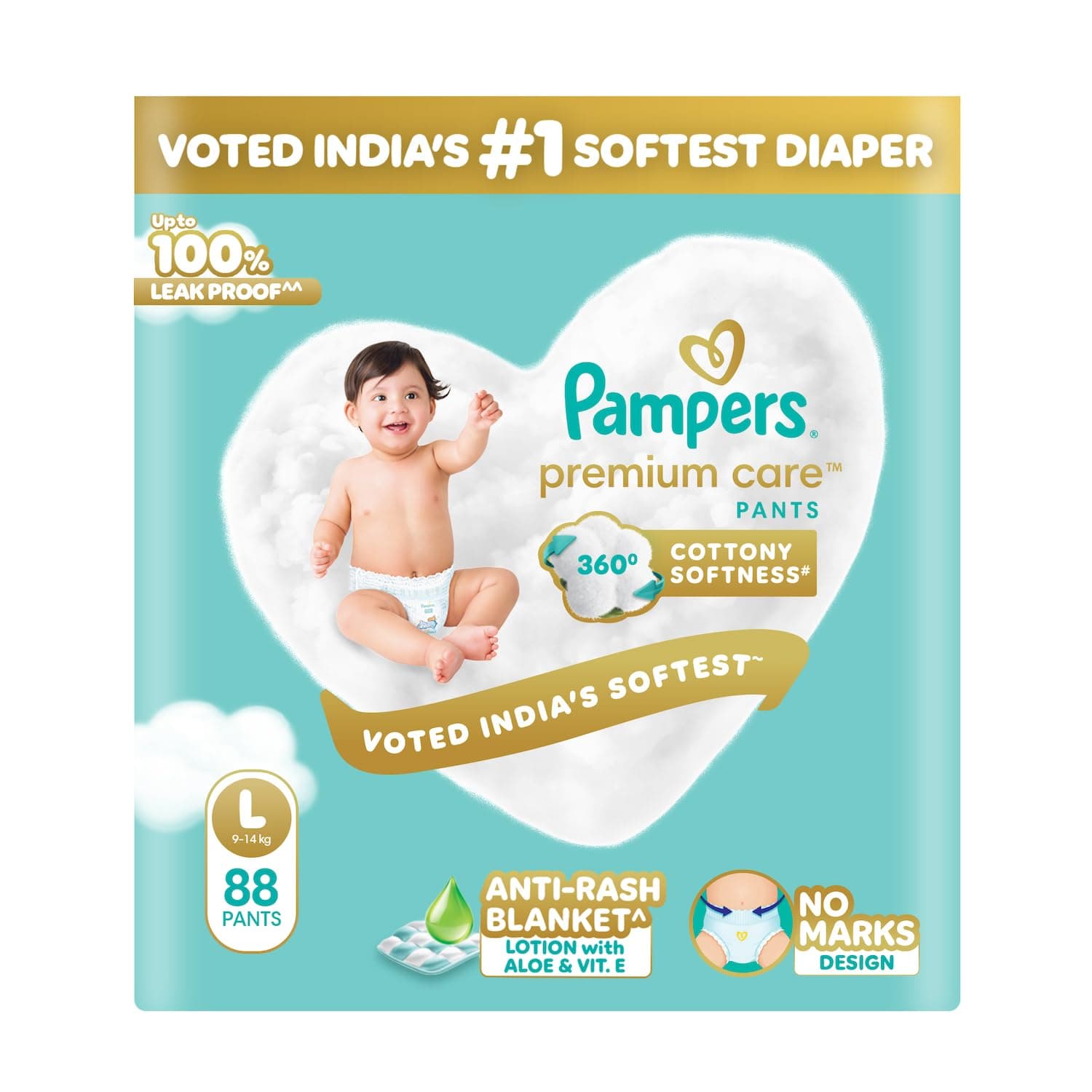 Pampers Premium Care Pants, Large size baby diapers (L), 88 Count, Softest ever Pampers pants