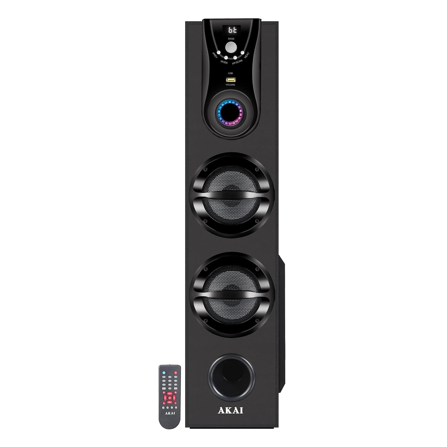 Akai HA-TS50 50W 2.0 Bluetooth Tower Speaker Wooden Cabinet Subwoofer Dual Tweeters Echo Sound Control Full Control Remote Led Display USB FM Party Sp