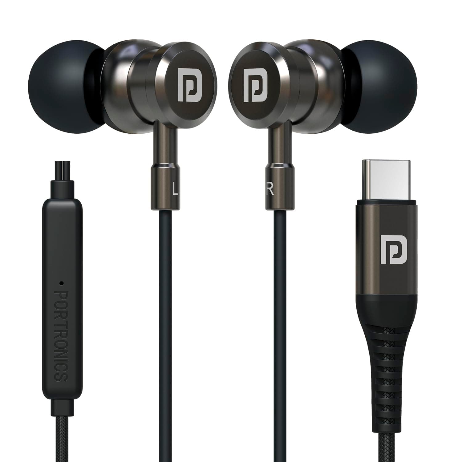 Portronics Conch Tune C in Ear Type C Wired Earphones with Mic,10mm Driver, 1.2m Nylon Braided Anti Tangle Wire, in line Controls, Metal Alloy Body, Wide Compatibility(Grey)