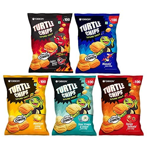 Orion Turtle Chips Corn Chips Party Pack - 5 Flavors (Masala, Tomato, Sour Cream Onion, Mexican Lime & Spicy Devil)|Korean Snacks - 115g (Pack of 5)